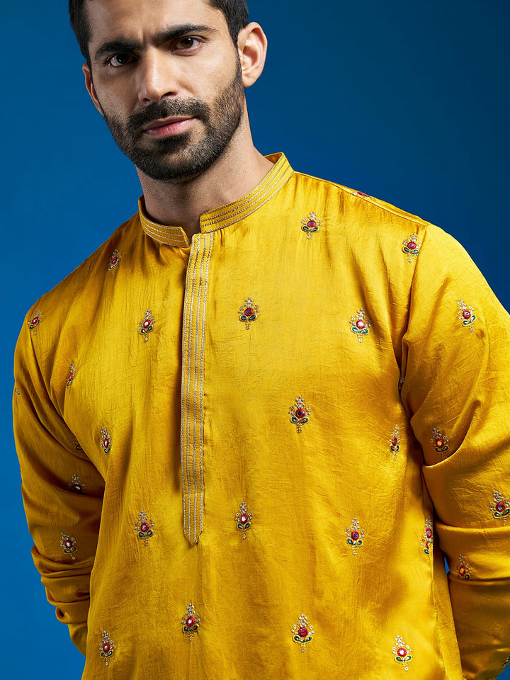 Sarvati Men's Mustard Silk Blend Kurta And Pyjama Set