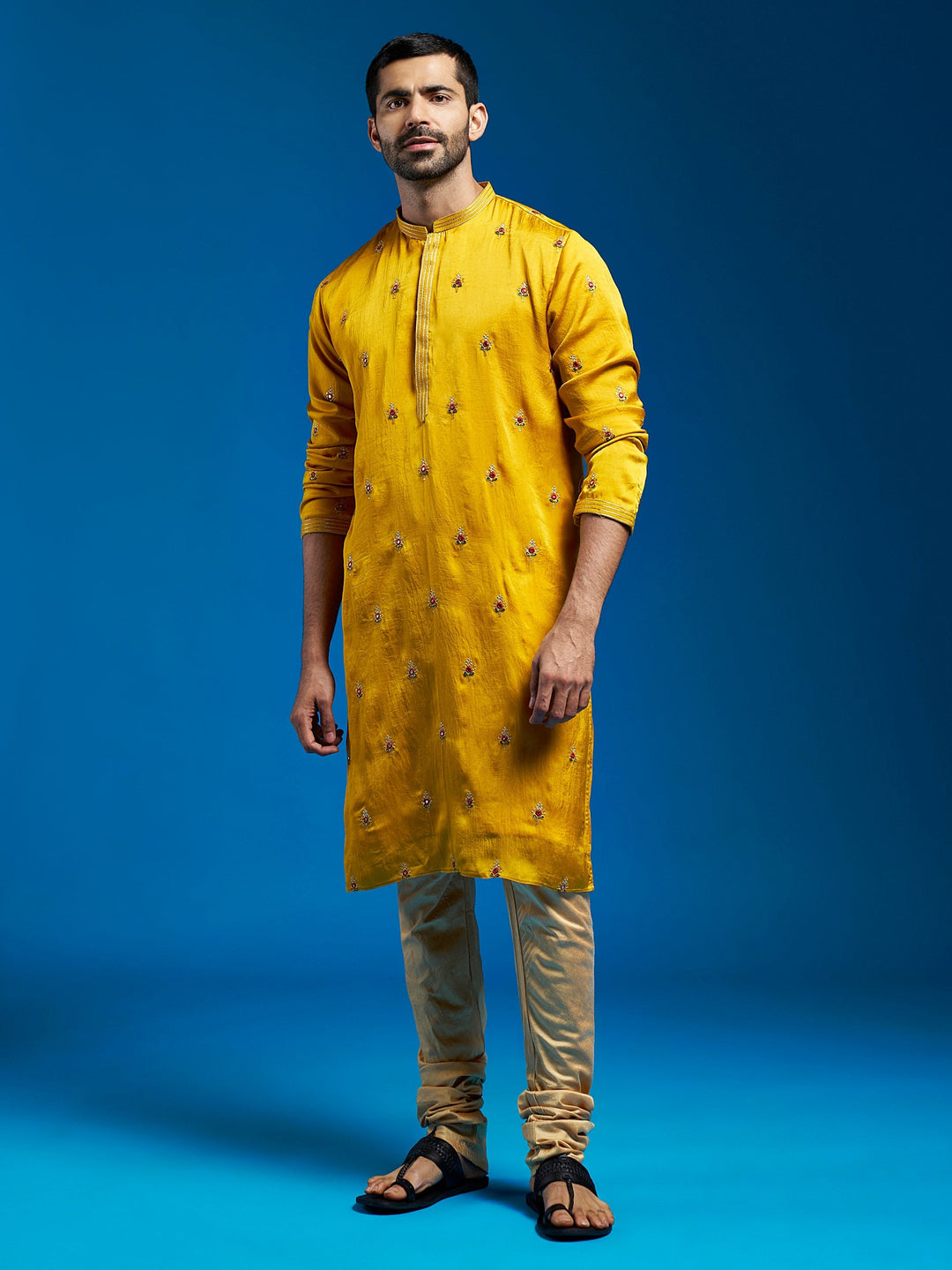 Sarvati Men's Mustard Silk Blend Kurta And Pyjama Set