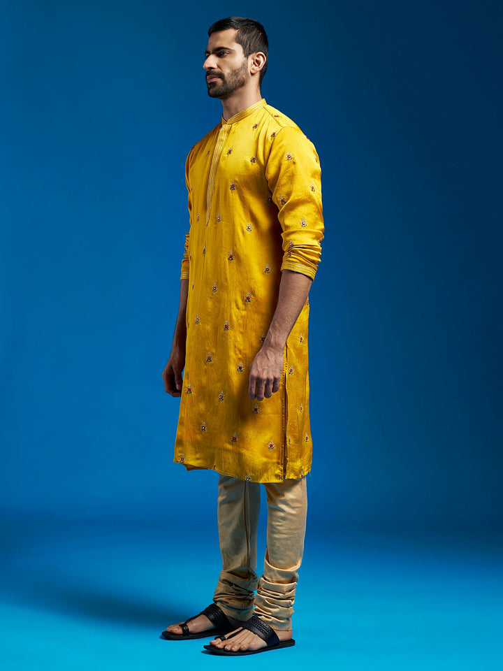 Sarvati Men's Mustard Silk Blend Kurta And Pyjama Set