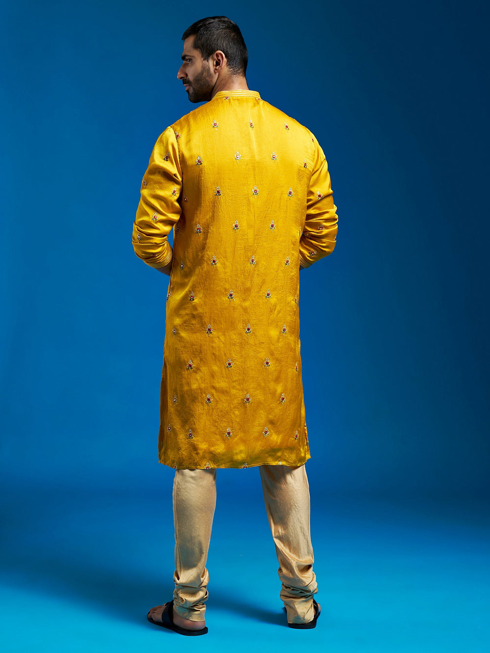 Sarvati Men's Mustard Silk Blend Kurta And Pyjama Set