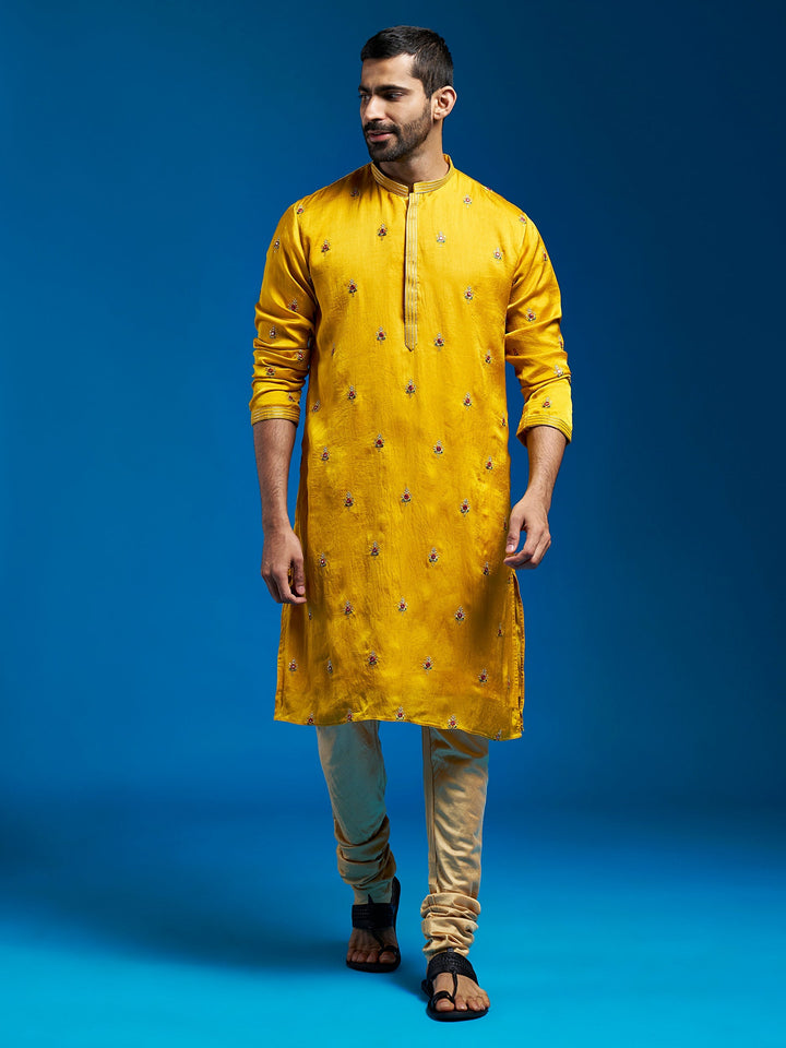 Sarvati Men's Mustard Silk Blend Kurta And Pyjama Set