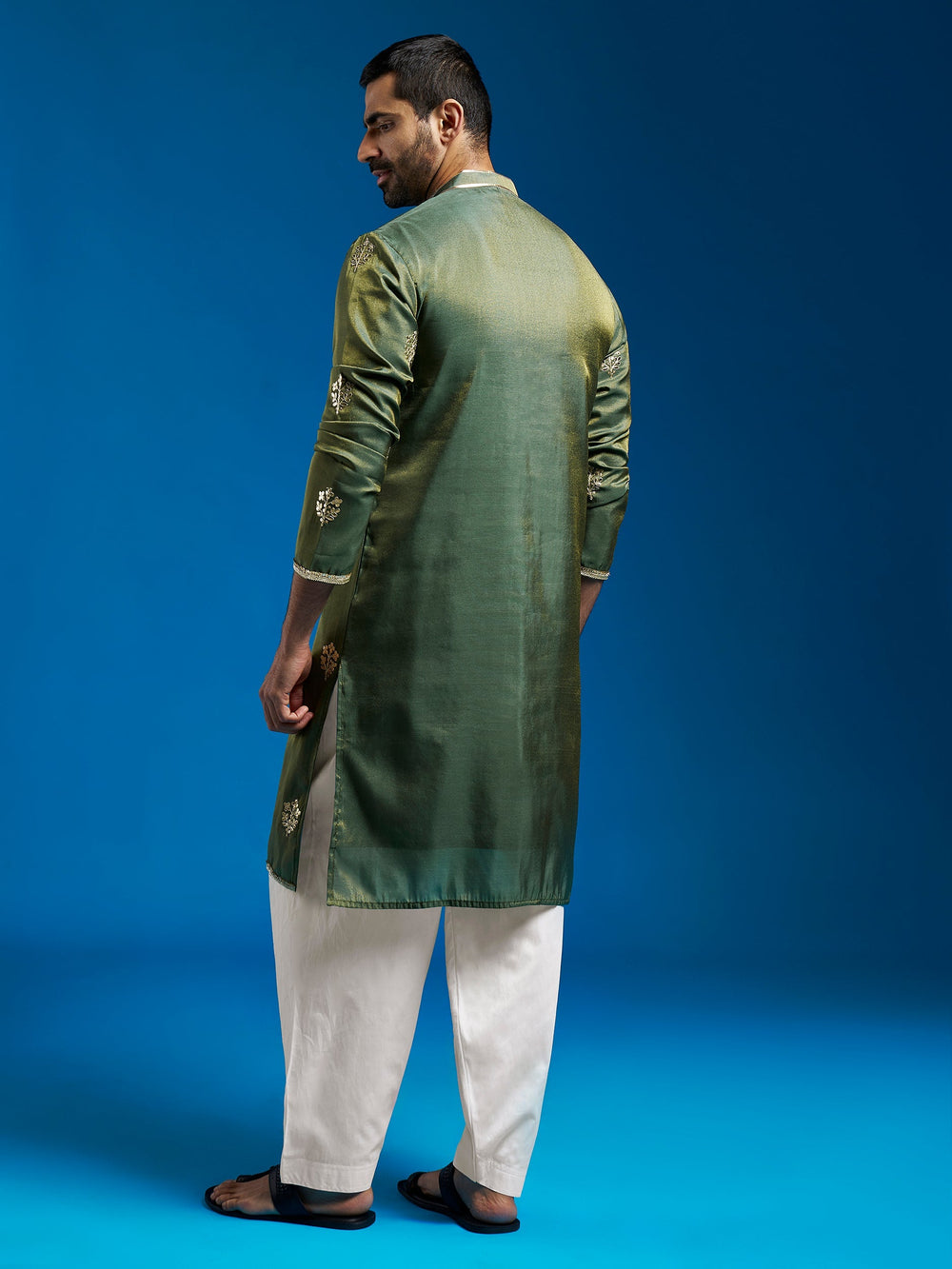 Sarvati Men's Green Tissue Silk Kurta And Patiala Set