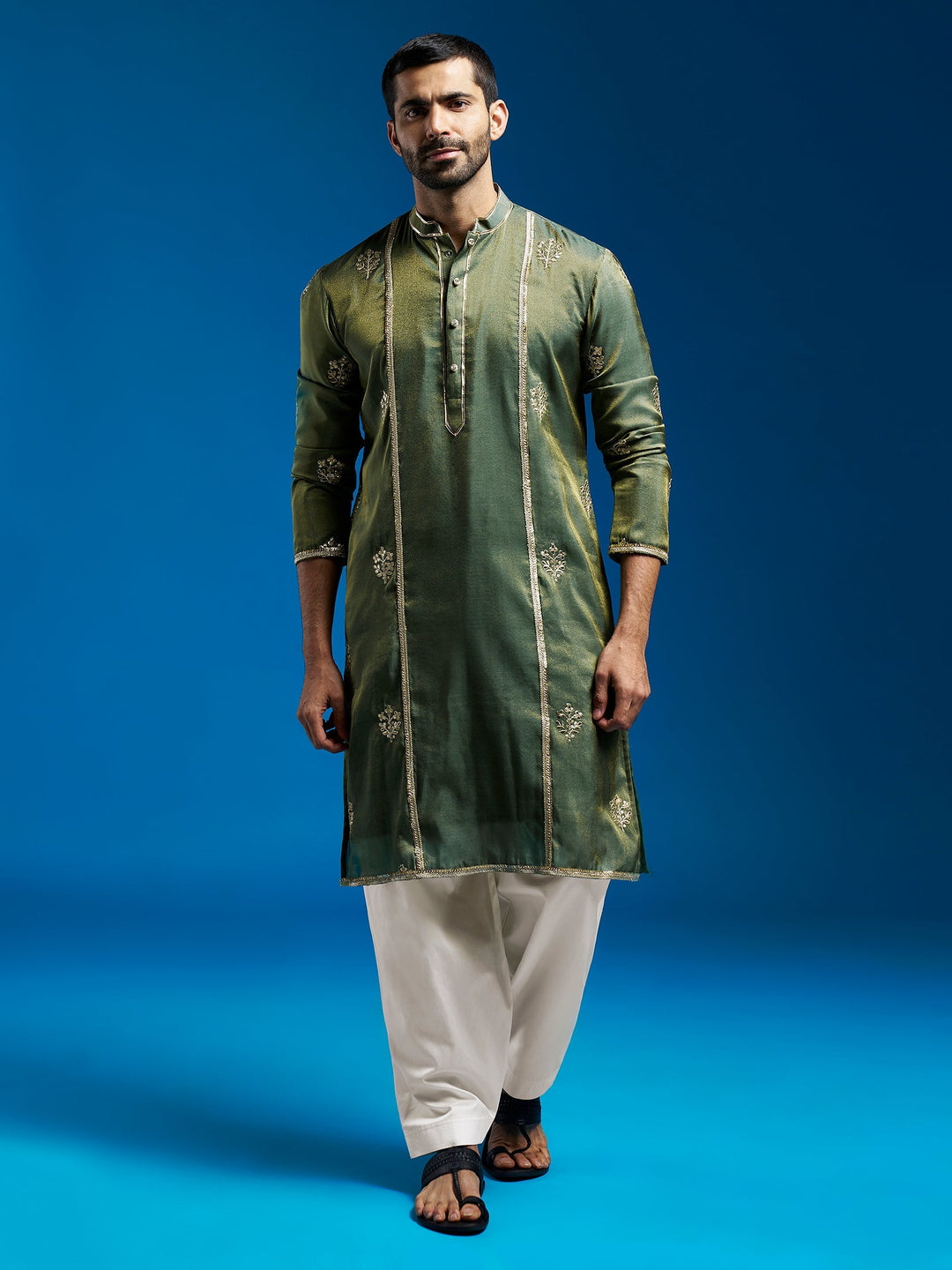 Sarvati Men's Green Tissue Silk Kurta And Patiala Set