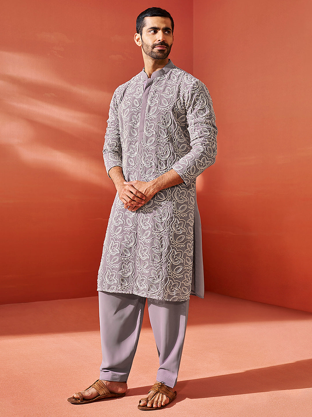 Sarvati Men's Lavender Georgette Kurta And Patiala Set