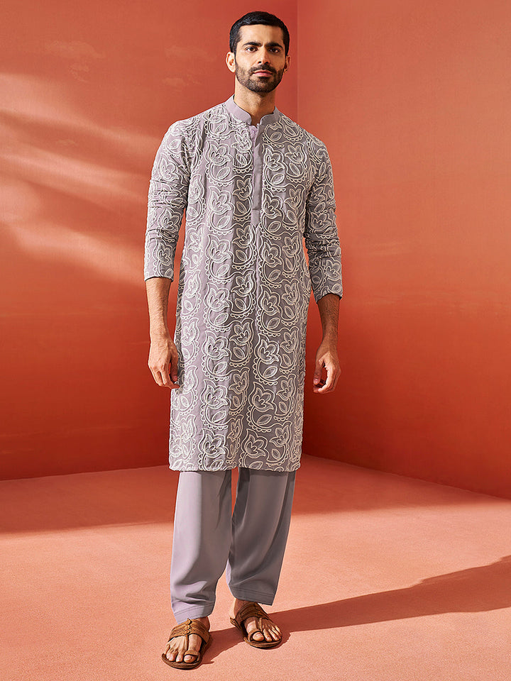 Sarvati Men's Lavender Georgette Kurta And Patiala Set