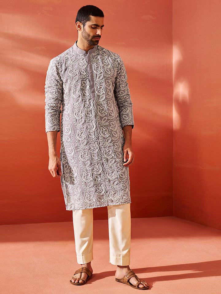 Sarvati Men's Levender Georgette Kurta And Pyjama Set