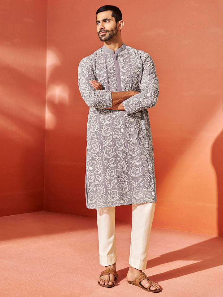 Sarvati Men's Levender Georgette Kurta And Pyjama Set