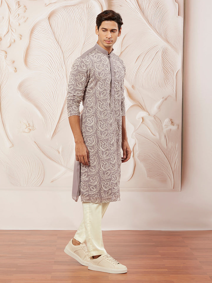 Sarvati Men's Levender Georgette Kurta And Pyjama Set