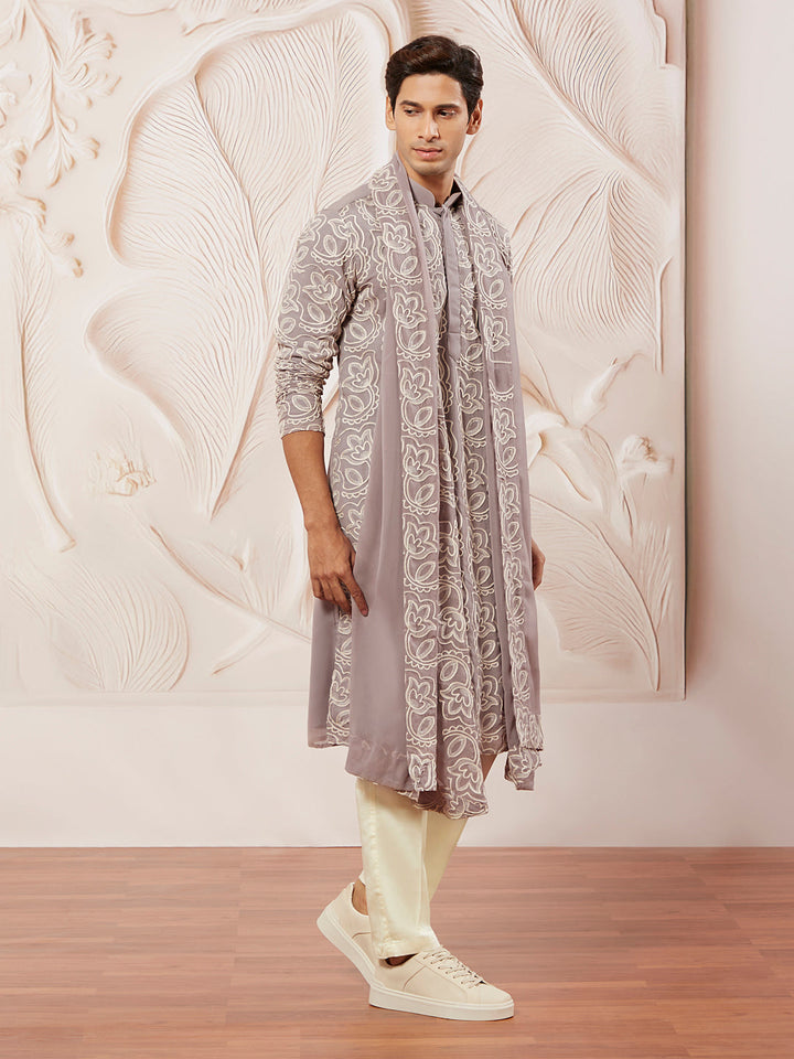 Sarvati Men's Levender Georgette Kurta Pyjama And Dupatta Set