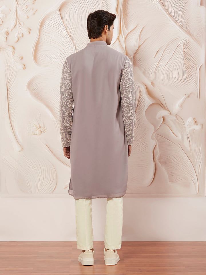 Sarvati Men's Levender Georgette Kurta Pyjama And Dupatta Set