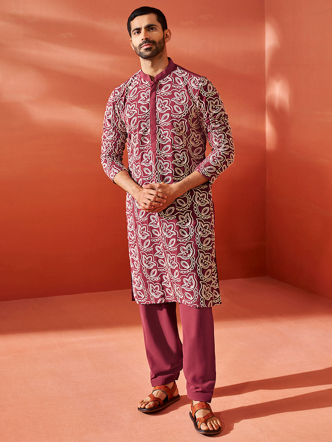 Sarvati Men's Maroon Georgette Kurta And Patiala Set