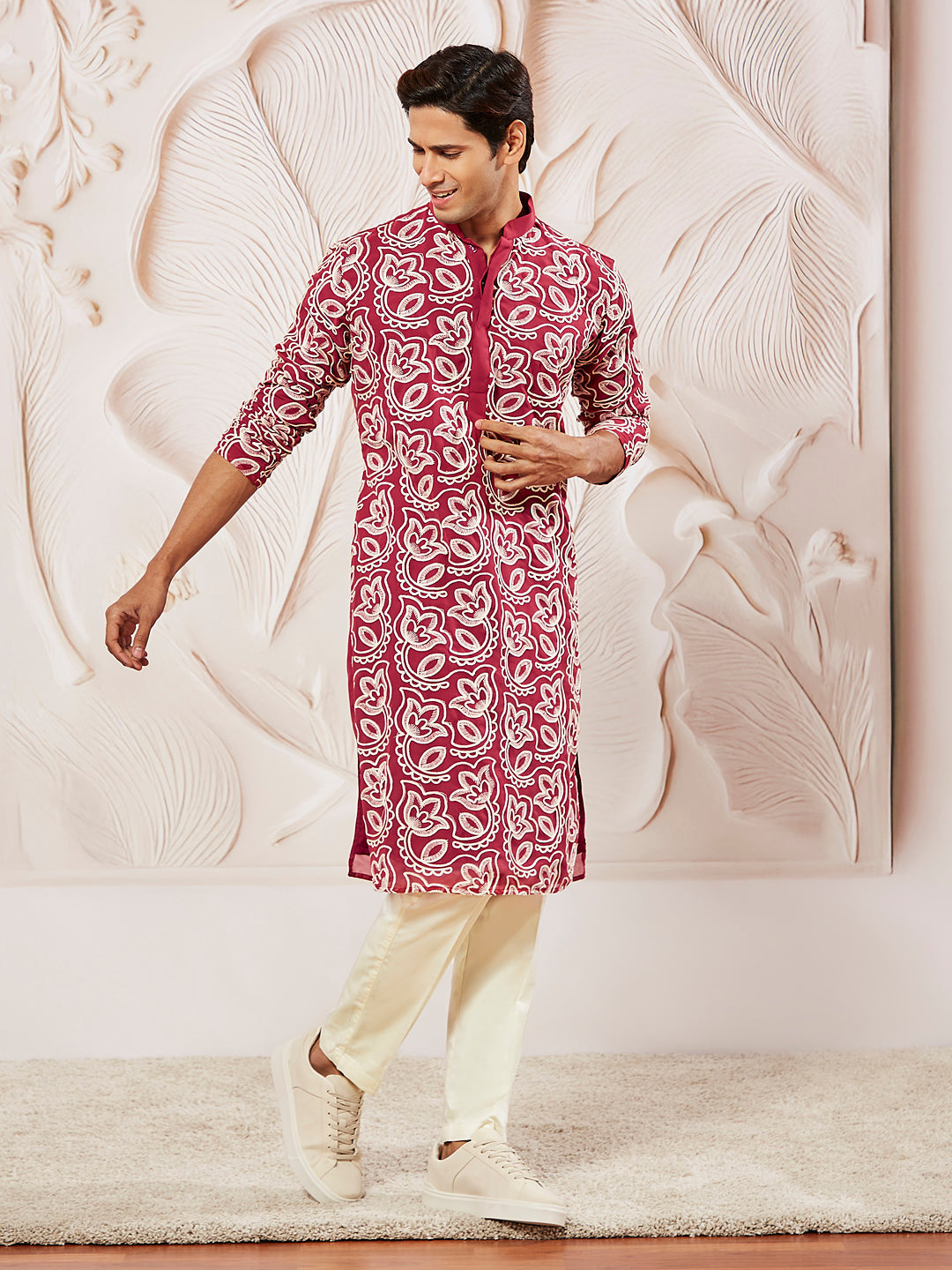 Sarvati Men's Maroon Georgette Kurta And Pyjama Set