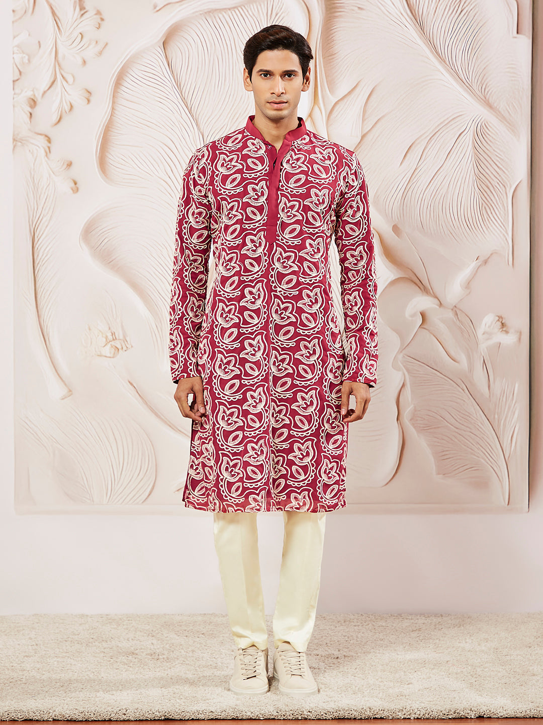 Sarvati Men's Maroon Georgette Kurta And Pyjama Set