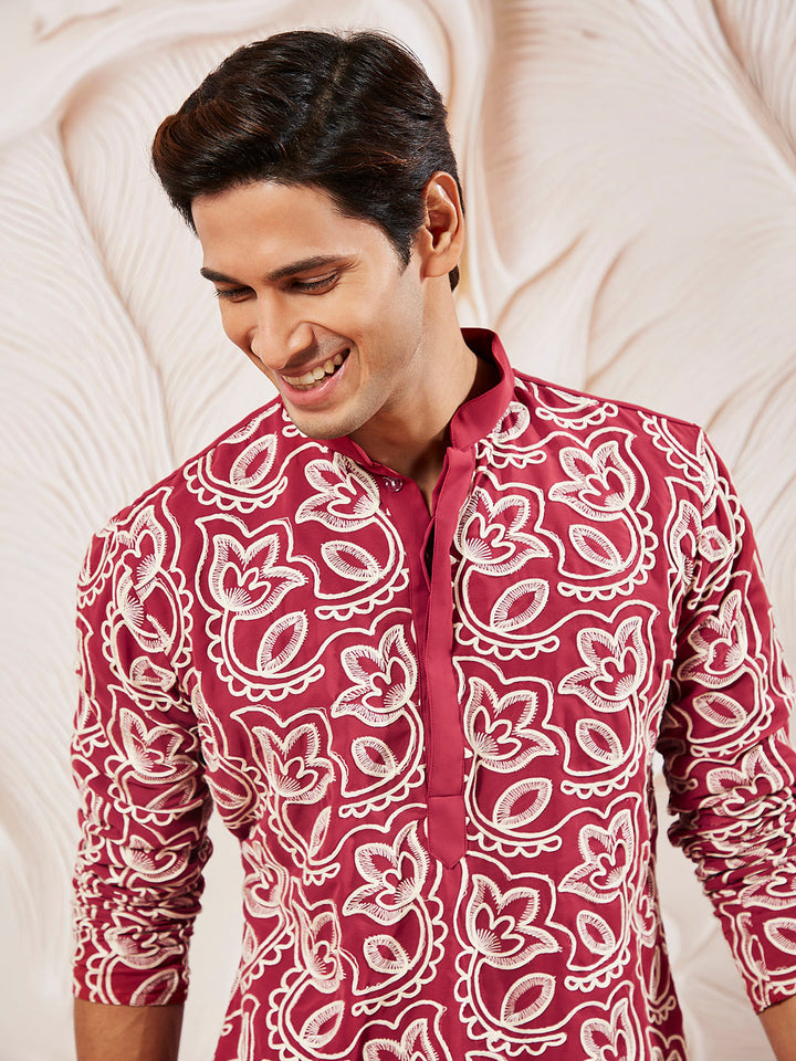 Sarvati Men's Maroon Georgette Kurta And Pyjama Set