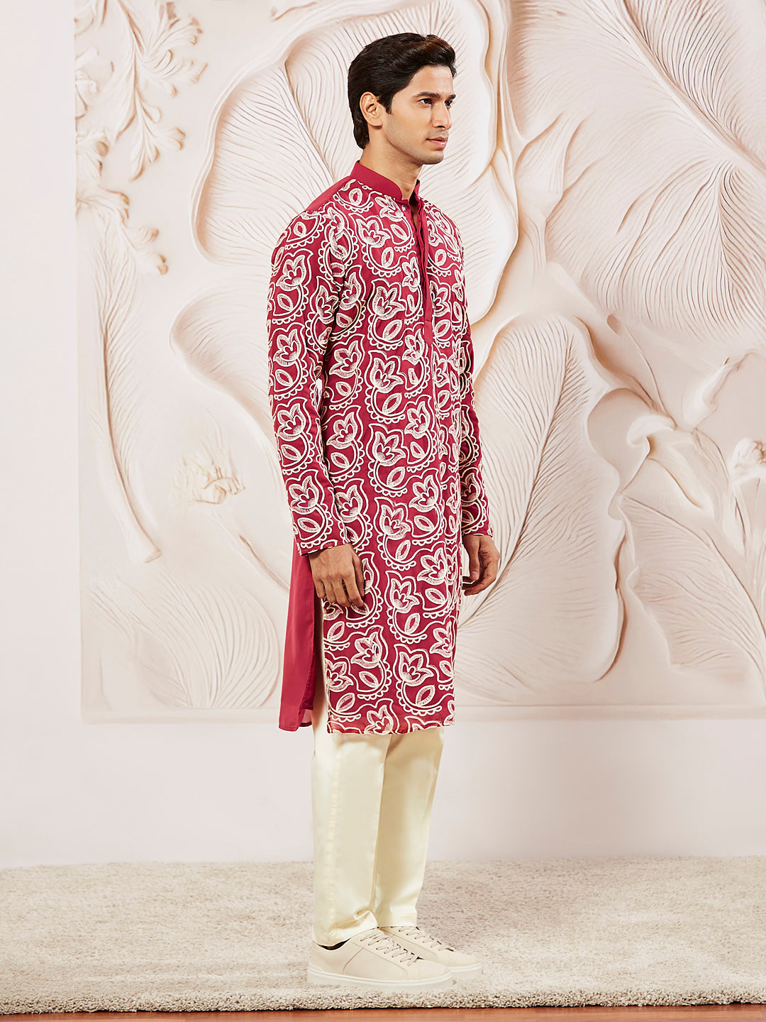 Sarvati Men's Maroon Georgette Kurta And Pyjama Set