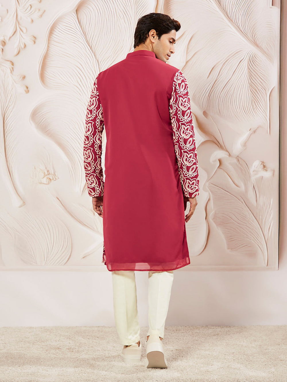 Sarvati Men's Maroon Georgette Kurta And Pyjama Set