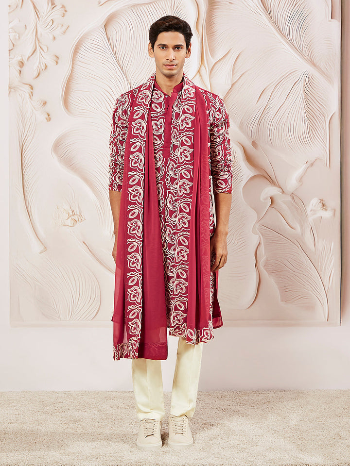 Sarvati Men's Maroon Georgette Kurta Pyjama And Dupatta Set