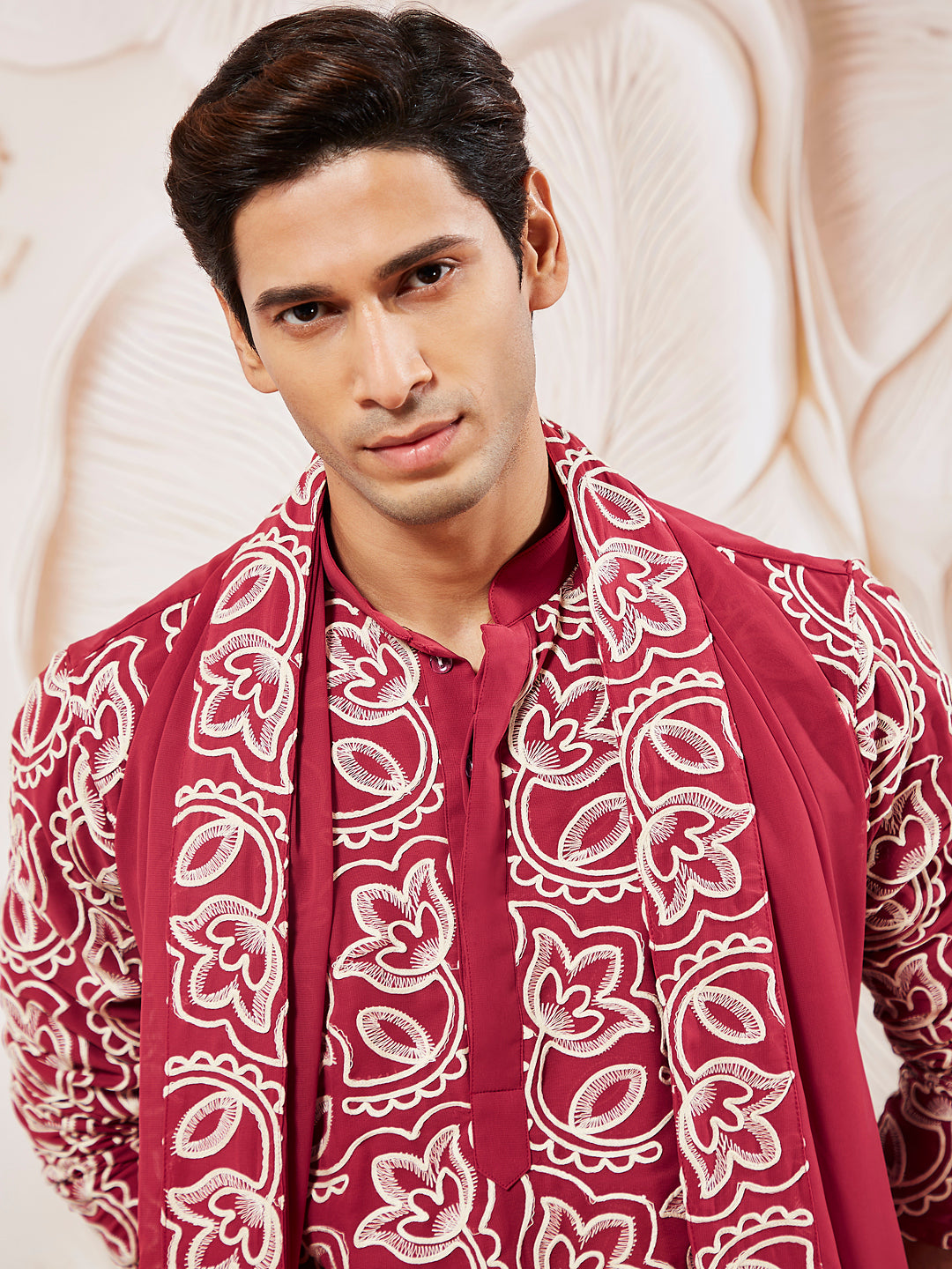 Sarvati Men's Maroon Georgette Kurta Pyjama And Dupatta Set