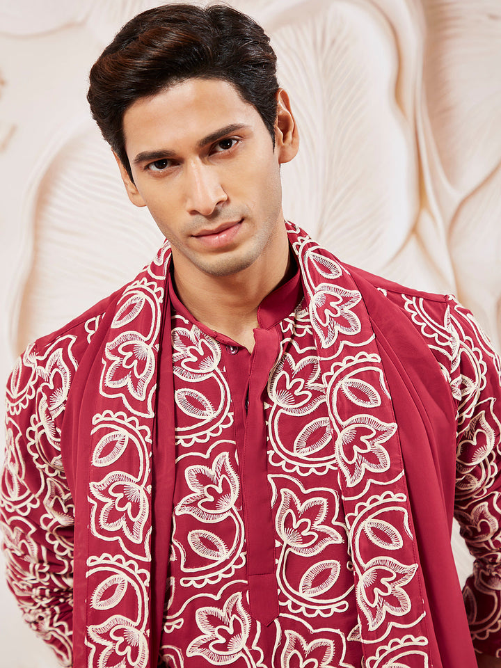 Sarvati Men's Maroon Georgette Kurta Pyjama And Dupatta Set