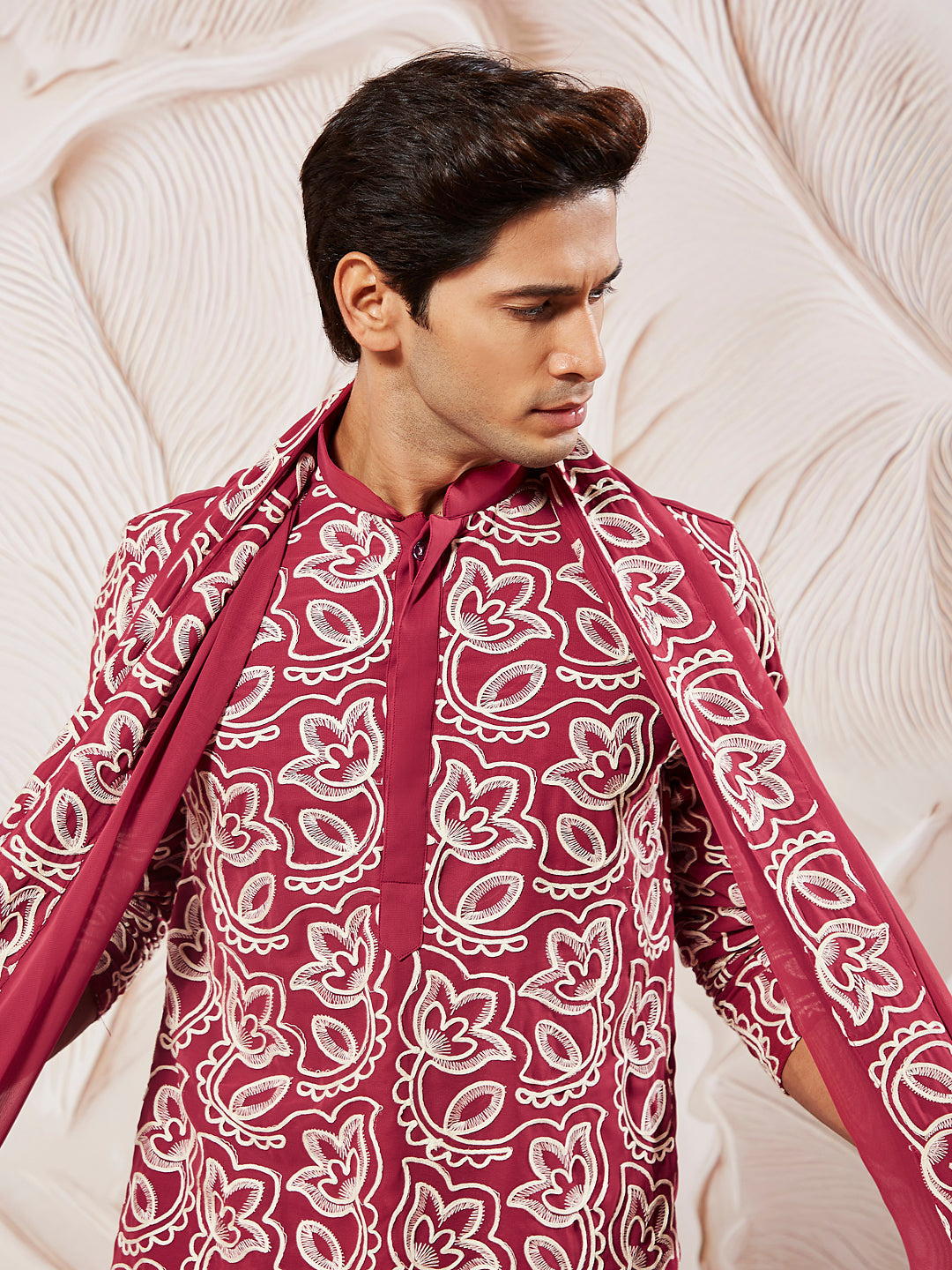 Sarvati Men's Maroon Georgette Kurta Patiala And Dupatta Set.