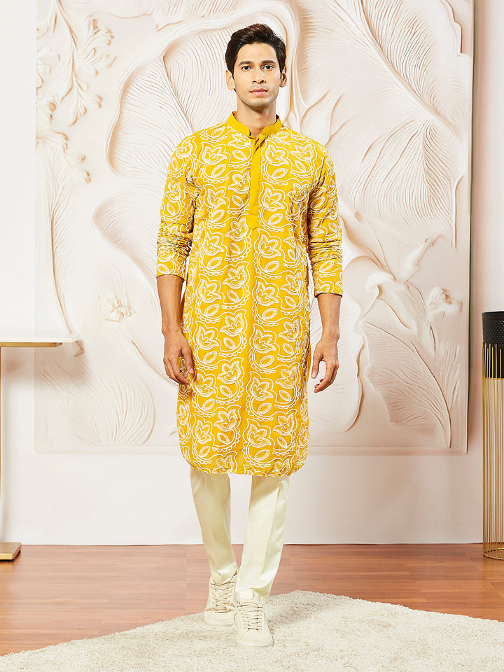 Sarvati Men's Mustard Georgette Kurta Pyjama Set