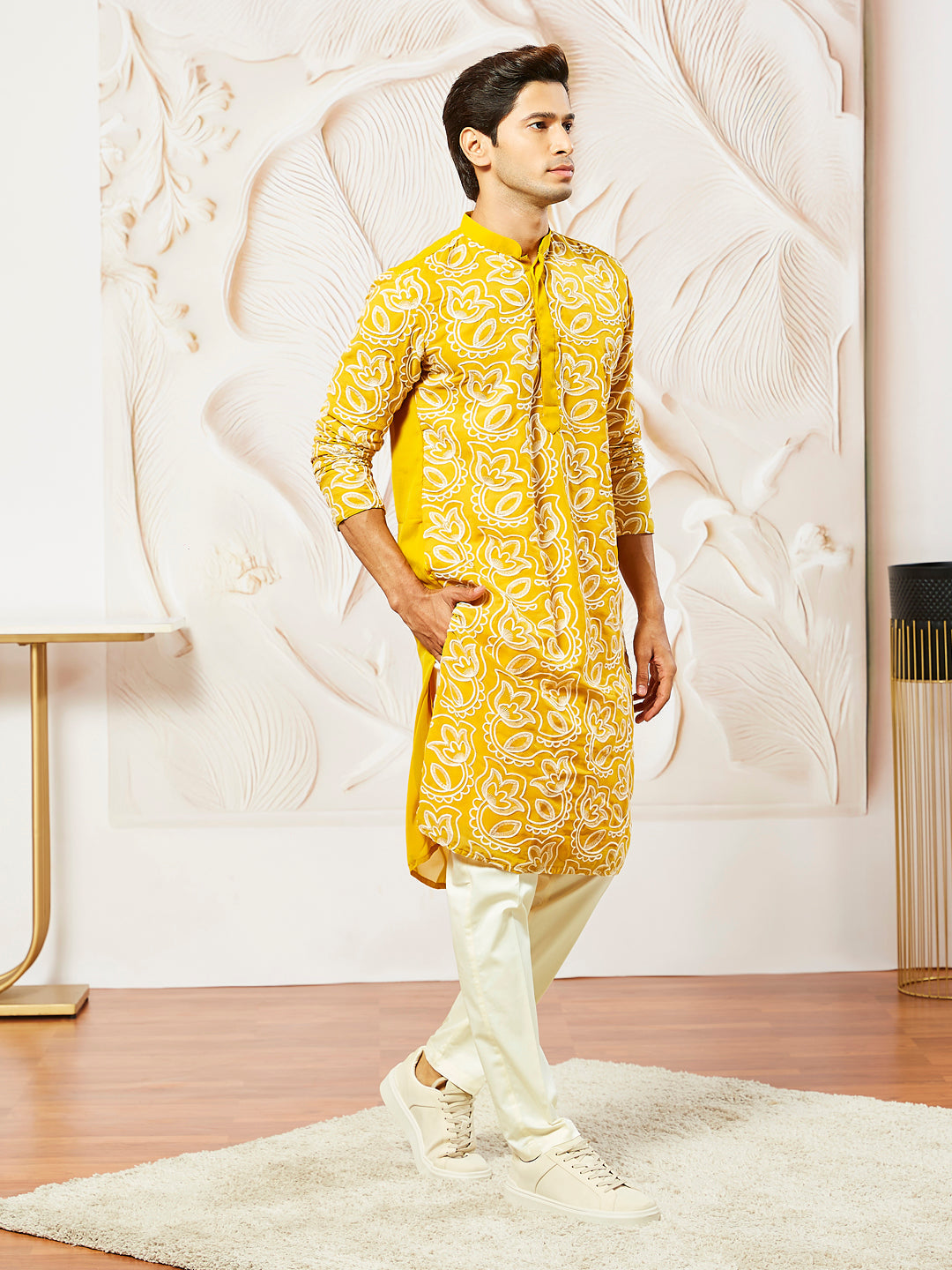 Sarvati Men's Mustard Georgette Kurta Pyjama Set