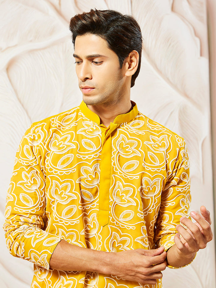 Sarvati Men's Mustard Georgette Kurta Pyjama Set