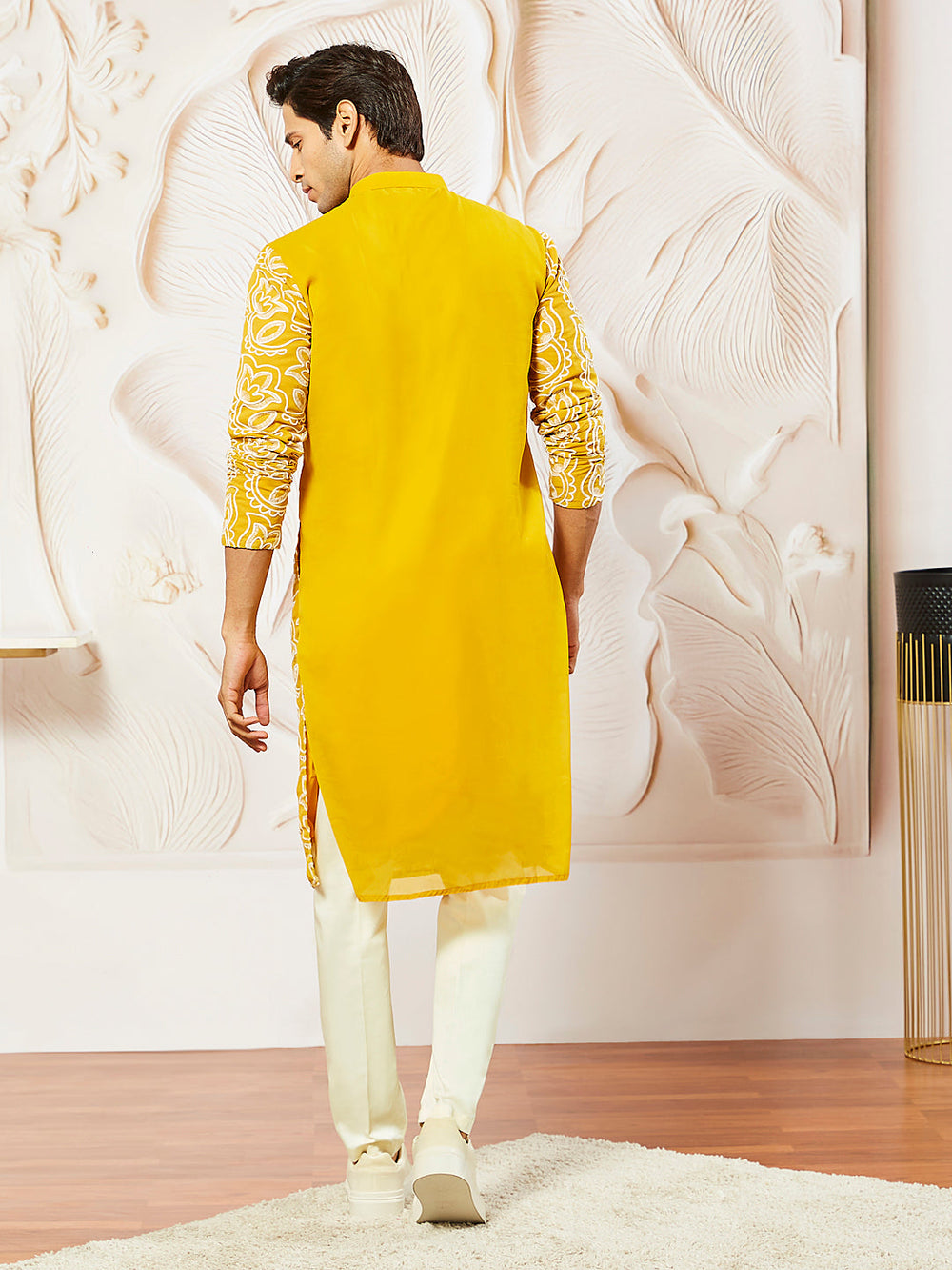 Sarvati Men's Mustard Georgette Kurta Pyjama Set