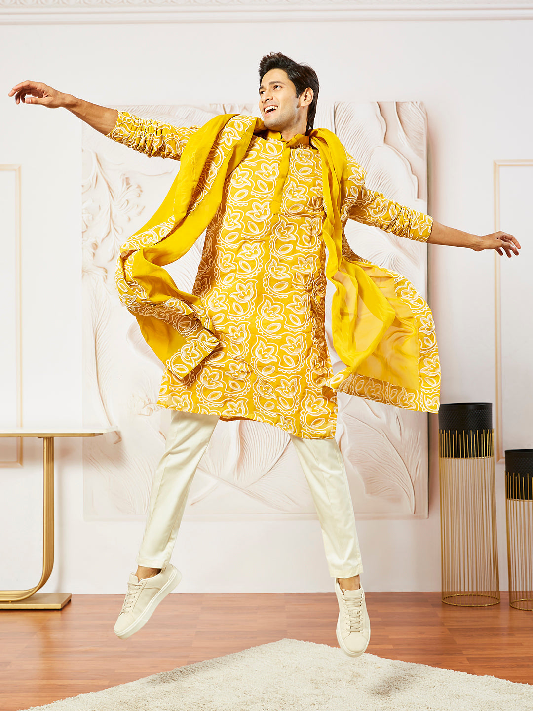 Sarvati Men's Mustard Georgette Kurta Pyjama And Dupatta Set