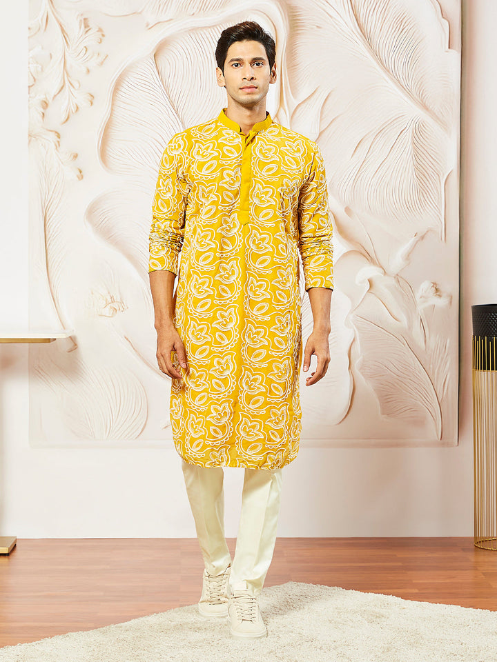 Sarvati Men's Mustard Georgette Kurta Pyjama And Dupatta Set