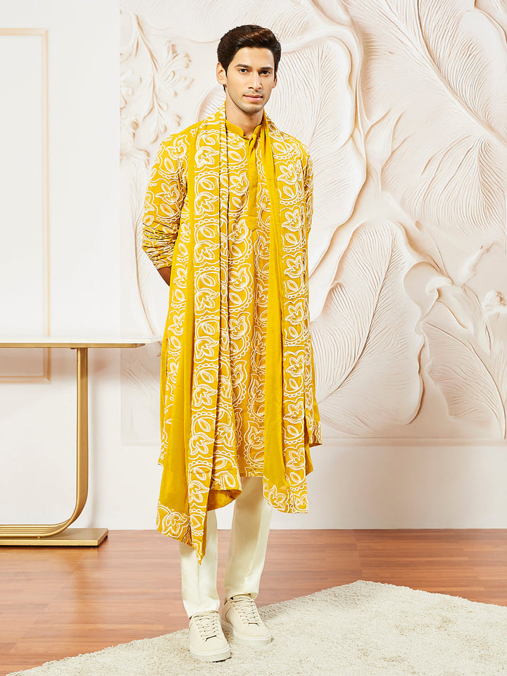 Sarvati Men's Mustard Georgette Kurta Pyjama And Dupatta Set