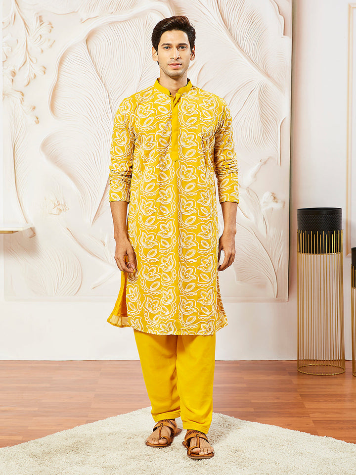 Sarvati Men's Mustard Georgette Kurta And Patiala Set