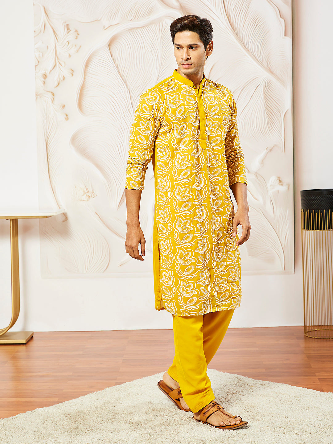 Sarvati Men's Mustard Georgette Kurta And Patiala Set