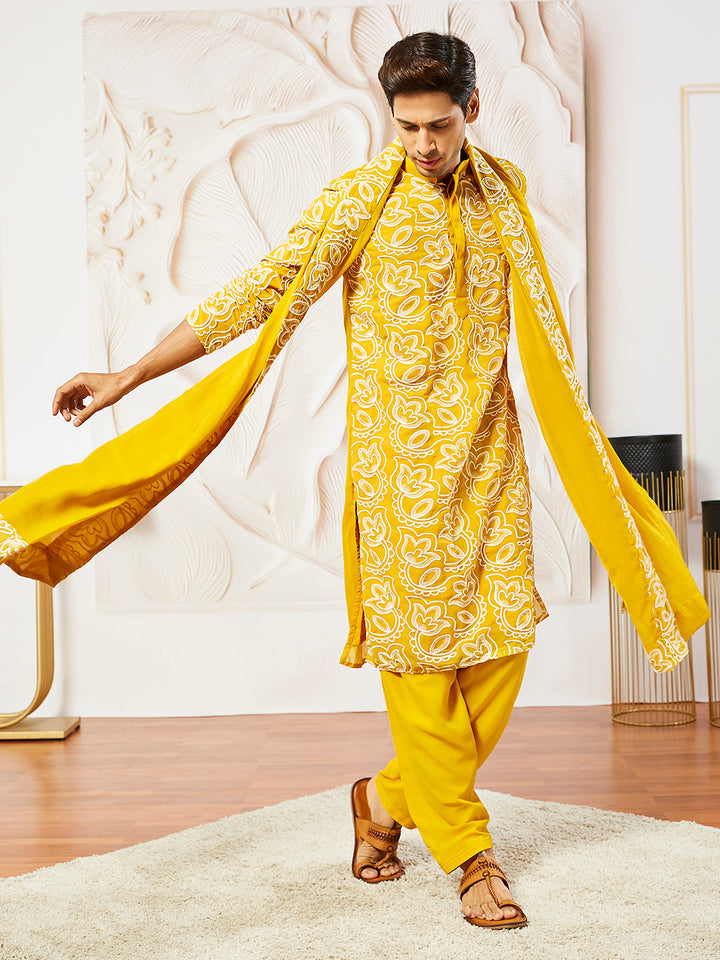 Sarvati Men's Mustard Georgette Kurta And Patiala Set