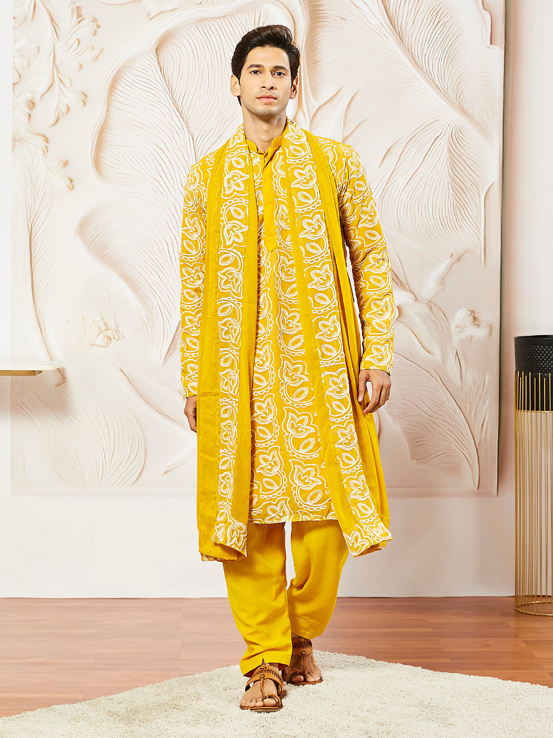 Sarvati Men's Mustard Georgette Kurta And Patiala Set