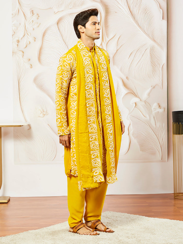 Sarvati Men's Mustard Georgette Kurta And Patiala Set