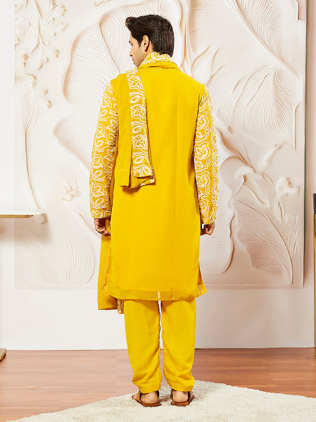 Sarvati Men's Mustard Georgette Kurta And Patiala Set