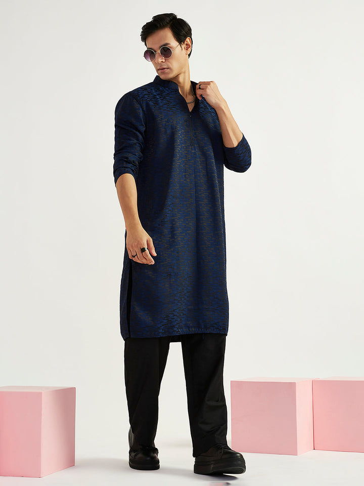 Sarvati Men's Navy Blue Imported Suiting Lycra Kurta And Pyjama Set