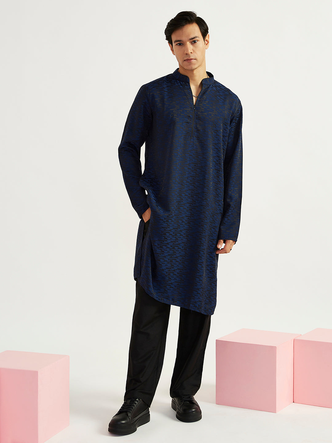 Sarvati Men's Navy Blue Imported Suiting Lycra Kurta And Pyjama Set