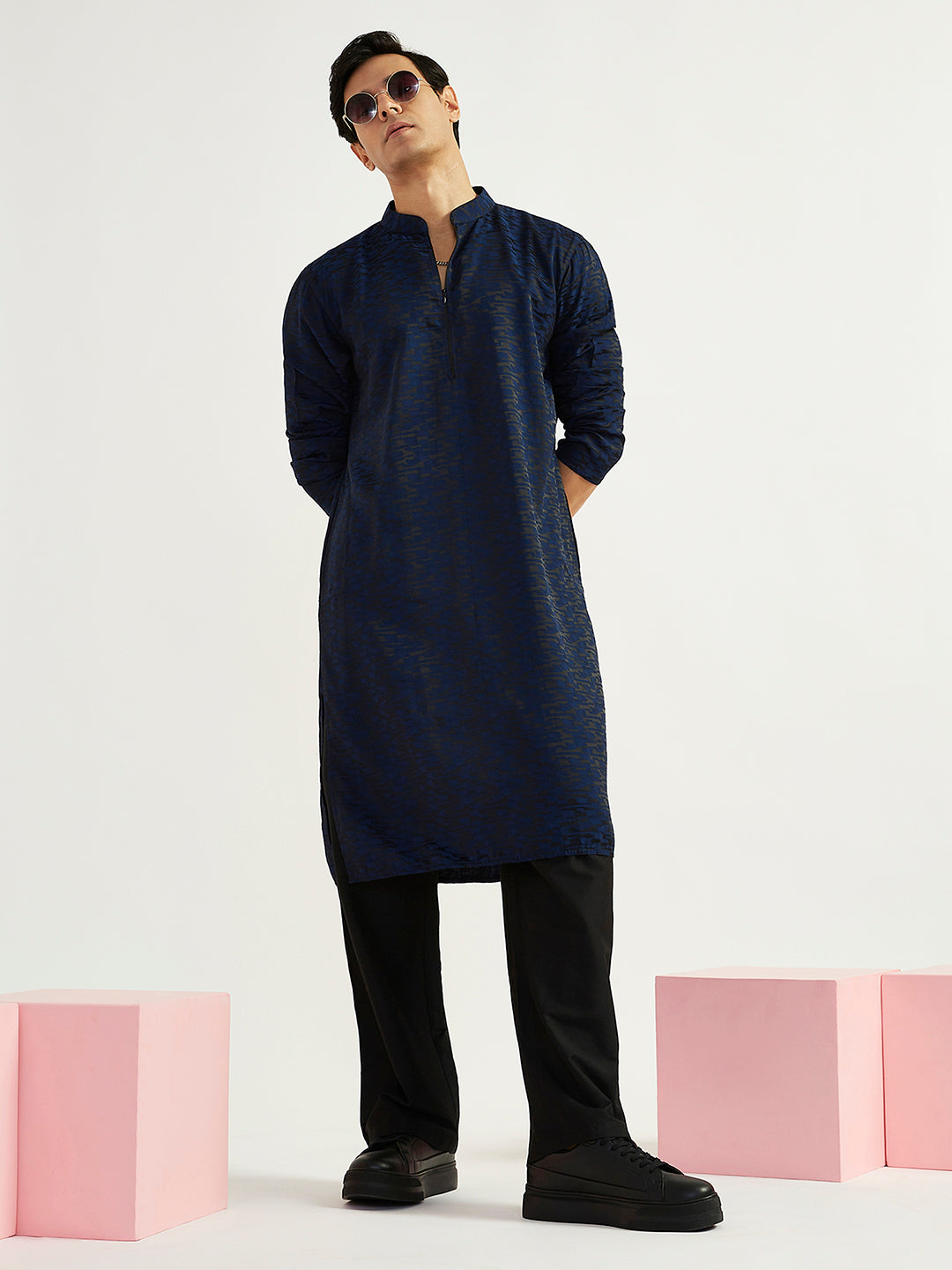 Sarvati Men's Navy Blue Imported Suiting Lycra Kurta And Pyjama Set