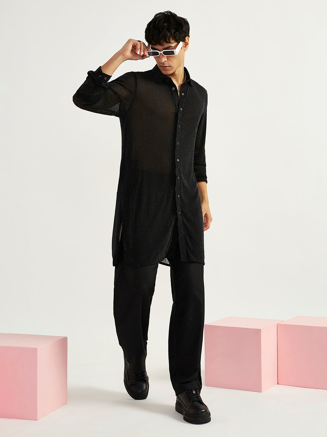 Sarvati Men's Black Lycra Kurta And Pyjama Set