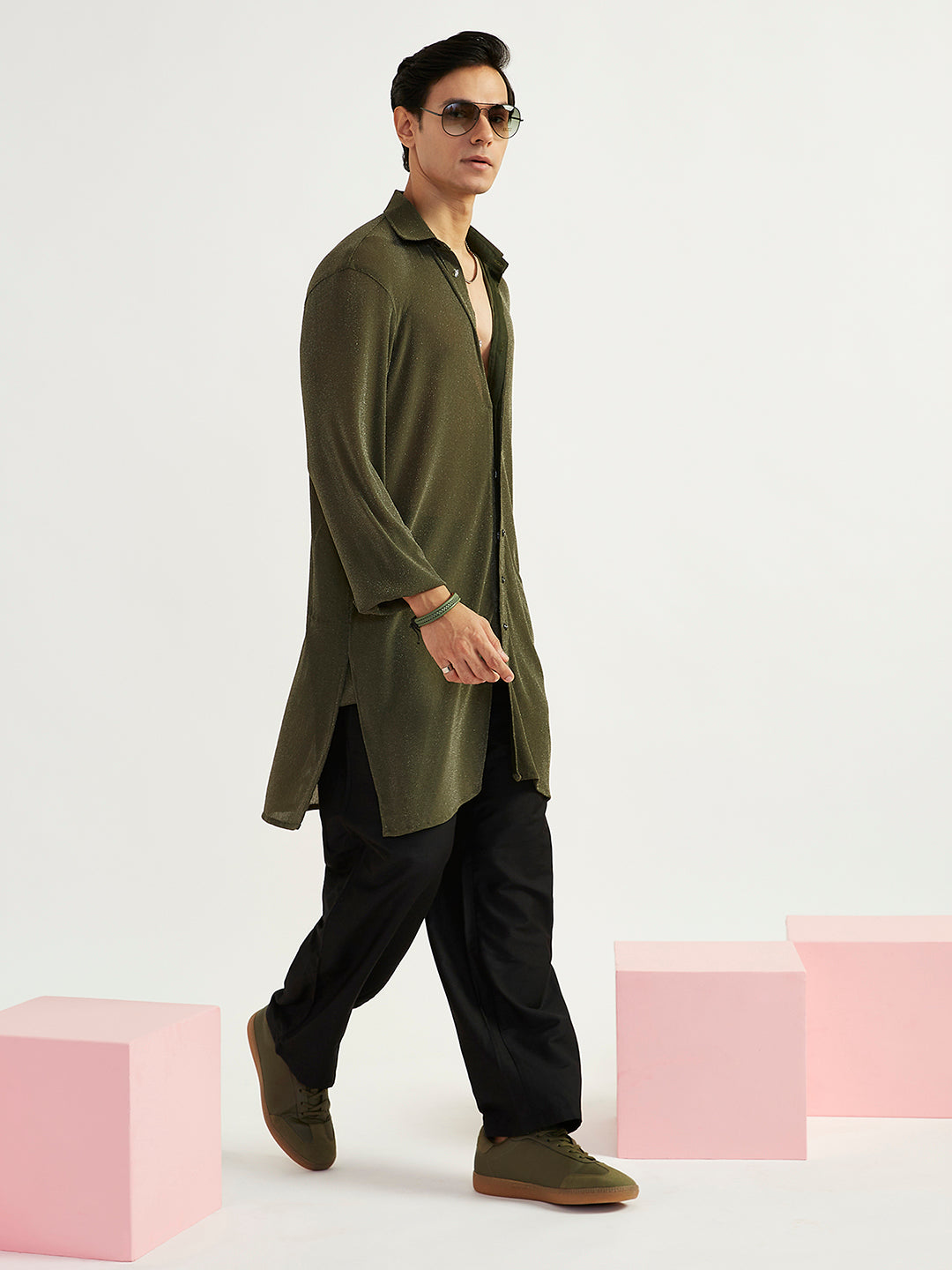 Sarvati Men's Mehendi Green Lycra Kurta And Pyjama Set