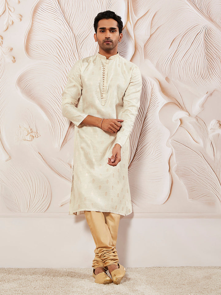 Sarvati Men's Cream Silk Blend  Kurta Pyjama Set