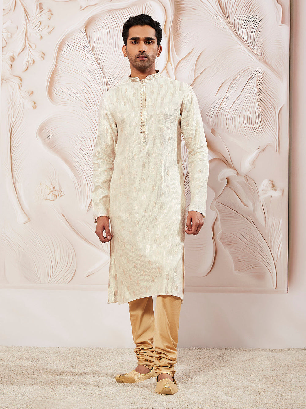 Sarvati Men's Cream Silk Blend  Kurta Pyjama Set