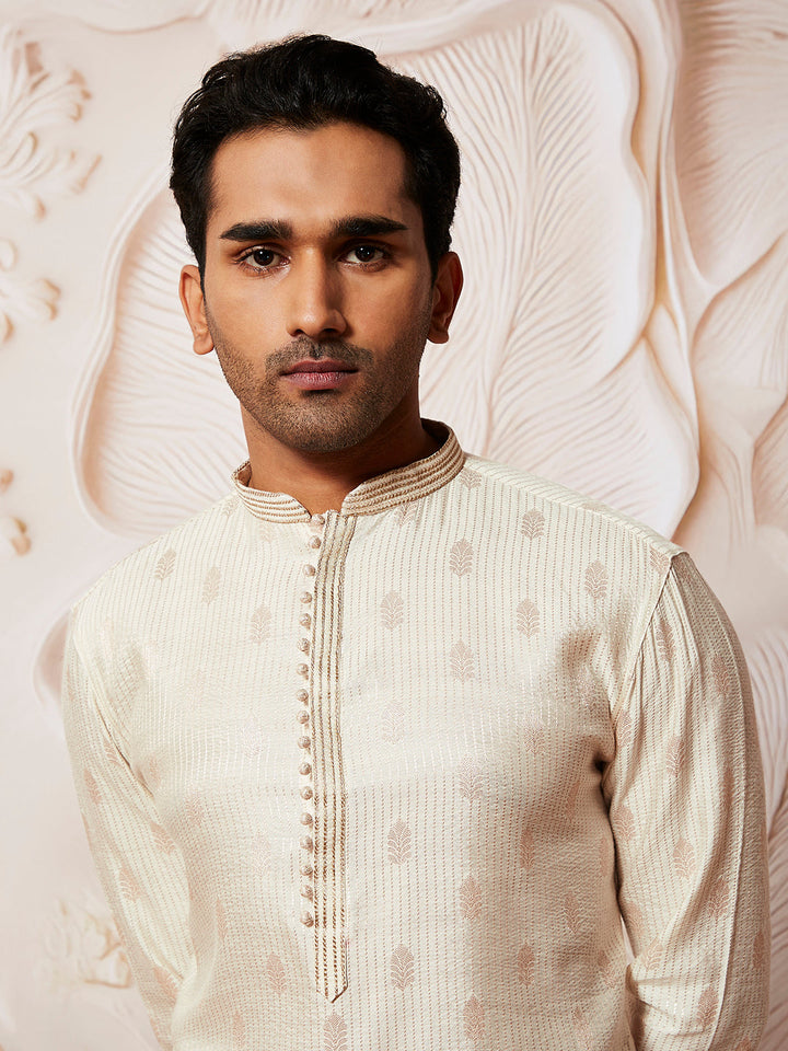 Sarvati Men's Cream Silk Blend  Kurta Pyjama Set