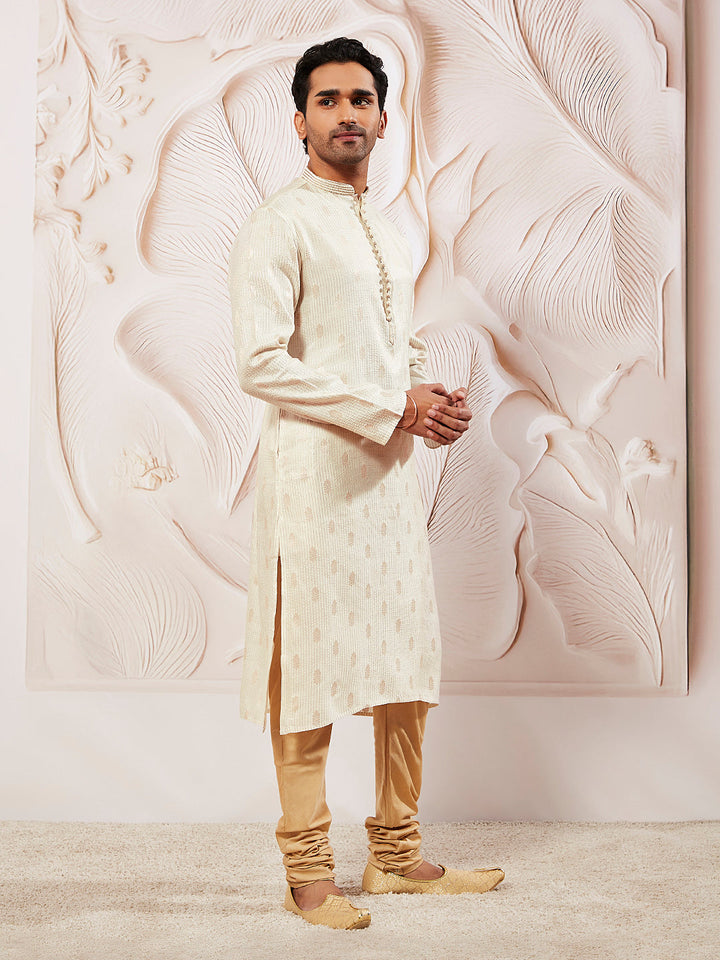 Sarvati Men's Cream Silk Blend  Kurta Pyjama Set