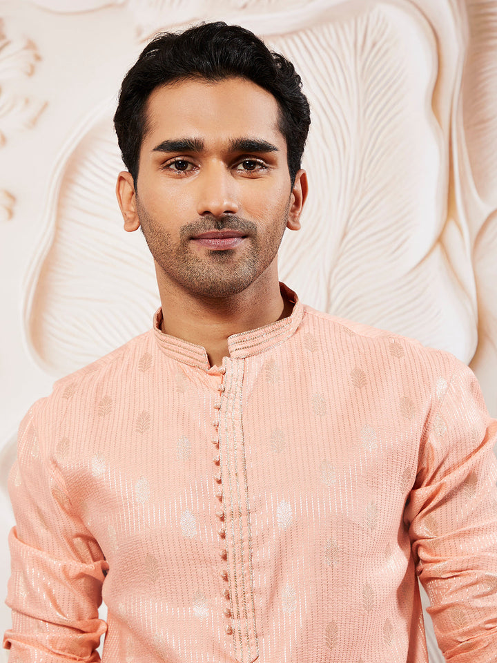 Sarvati Men's Pink Silk Blend  Kurta Pyjama Set