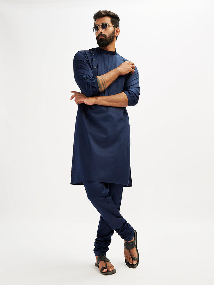 Men's Navy Blue Viscose Kurta Pyjama Set