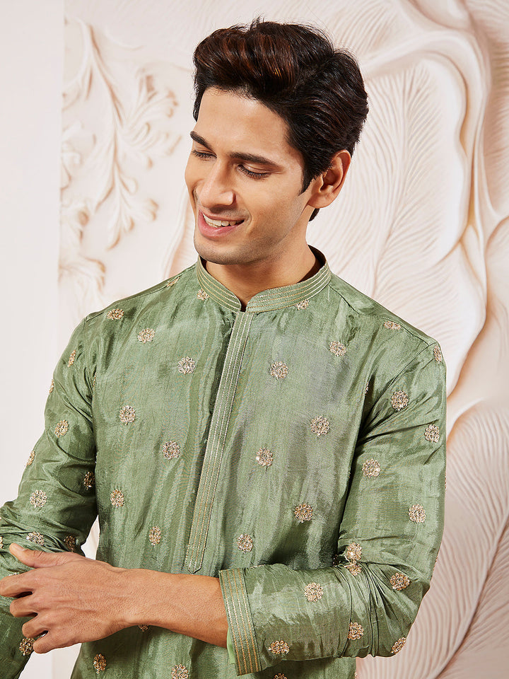 Men's Green Tissue Silk Kurta