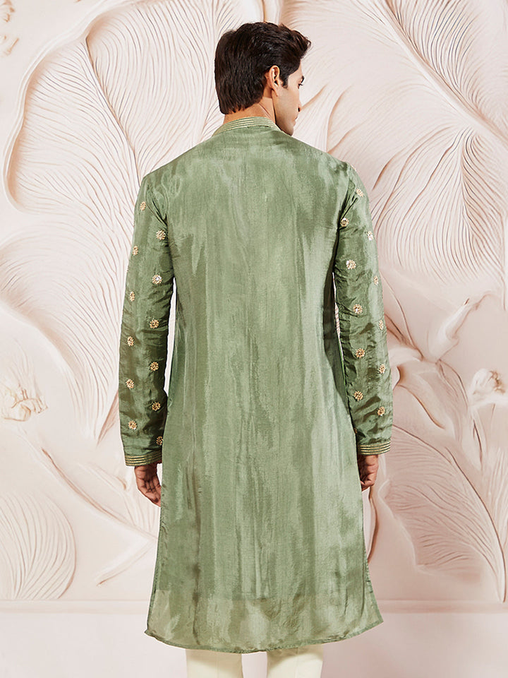Men's Green Tissue Silk Kurta